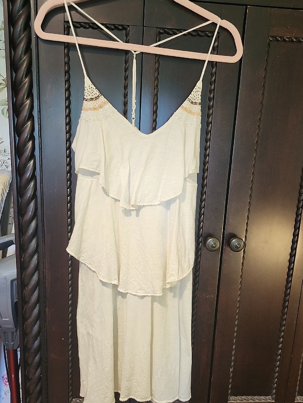 American Eagle Outfitters White Tiered Spaghetti Strap Dress with Beaded Accents
